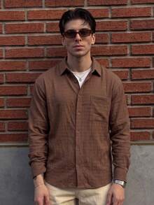 Lookun Men's Textured Crinkle Long Sleeve Polo Shirt, Loose Fit Vintage Solid Color Single Pocket Casual Shirt, Spring/Autumn Layering Versatile Long Sleeve - Brown - View 5
