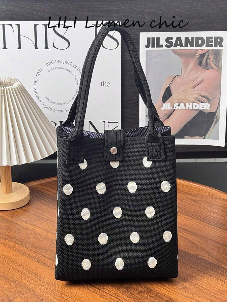 Black White Polka Dot Woven Mini Hand Bag, Single Top Handle Snap Button Closure Compact Handbag For Daily Shopping Commute - Black - View 1
