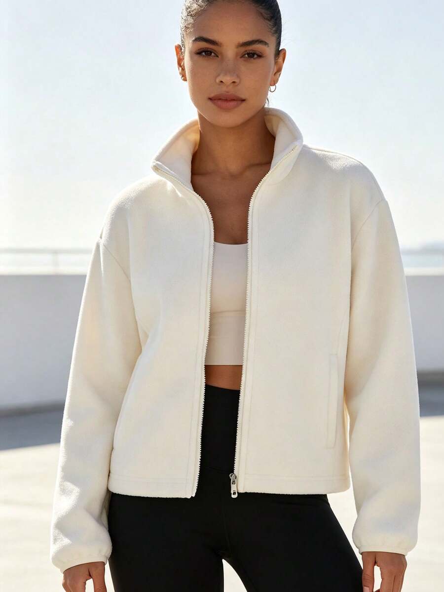New Autumn And Winter Women's Fleece Jacket, Solid Color Short Style With Pockets, Versatile Casual Jacket - White - View 1