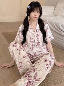 Set 2 pcs Baju Tidur Wanita Lengan Pendek Berkerah, Motif Bunga Berenda Warna Burgundy, Cocok untuk Pakaian Luar - Burgundy - View 1