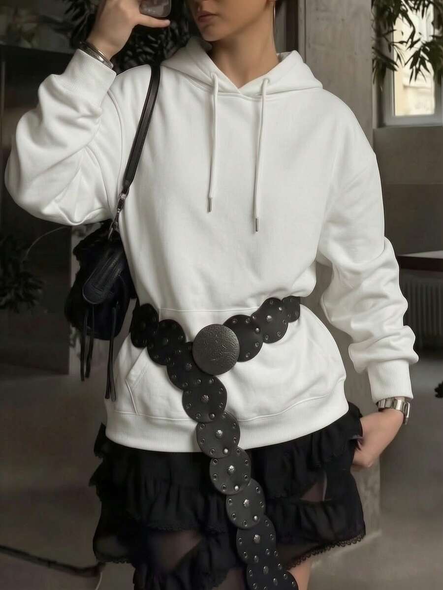 女款秋冬新款純色連帽衛衣,抽繩設計,附口袋,休閒百搭寬鬆上衣,時尚日常穿搭 - 白色 - 查看 1