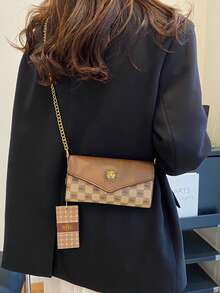 Check Monogram 信封式鏈條斜挎包 太陽轉鎖棕色 PU 翻蓋編織金鏈小手拿肩背包 復古約會風 - 卡其色 - 查看 4