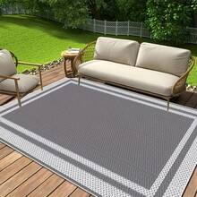 1pc Large Outdoor Rug[Free Tote Bag + 4 Ground Stakes], Outdoor Patio Rug, Washable, Plastic Straw PP Rug, Suitable For Yard, Patio, Deck, Picnic, Porch, Balcony, Home Decor - Grey Frame - View 4