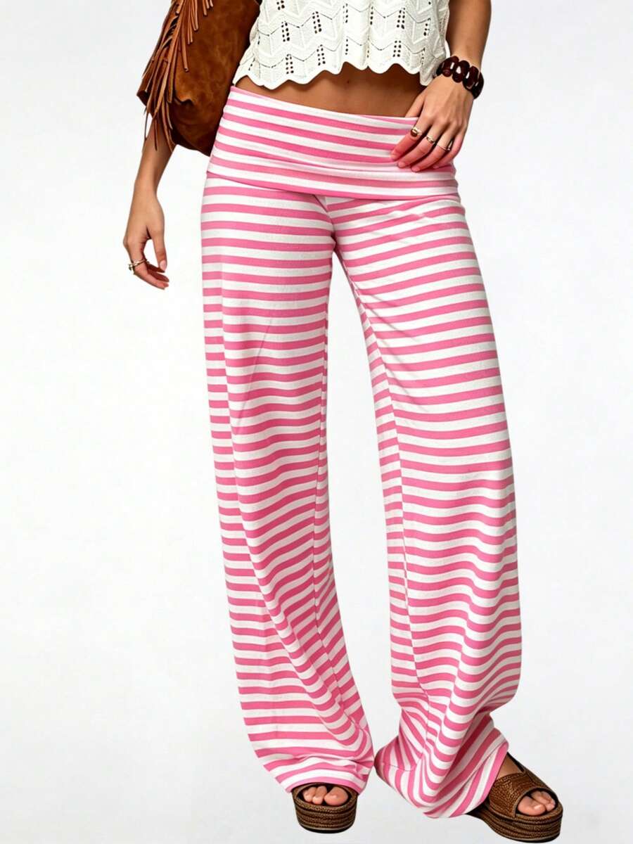Fold Over Yoga Pants For Women Y2K Striped Low Rise Wide Leg Leggings Sweatpants Cozy Stretchy Foldover Lounge Pants Going Out Clothes - 粉色 - 查看 1