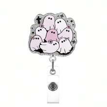 1 pièce/3 pièces/4 pièces Enrouleur de badge rétractable avec clip, motif crâne Halloween pailleté en acrylique noir et rose, convient aux professionnels de santé - Multicolore - Voir 12