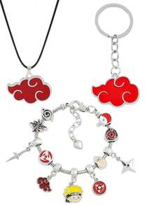 Anime Naruto Jewelry Set, Akatsuki Red Cloud Pendant Necklace Keychain, Sharingan Charms Beaded Bracelet, Cosplay Accessories Gift For Anime Fans - Multicolor - View 12