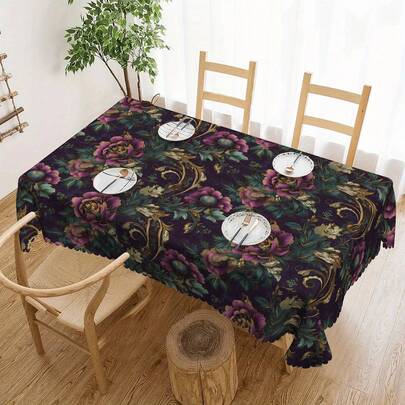 1pc Floral Theme Tablecloth, Baroque Vintage Design, Spring And Summer Decoration, Gold Vine & Large Peony Design Tablecloth, Spring/Summer Vintage Print Tablecloth, Polyester Round/Rectangular Tablecloth, Indoor/Outdoor Dining Table Decor, Ideal Choice For Daily And Holiday Home Decoration