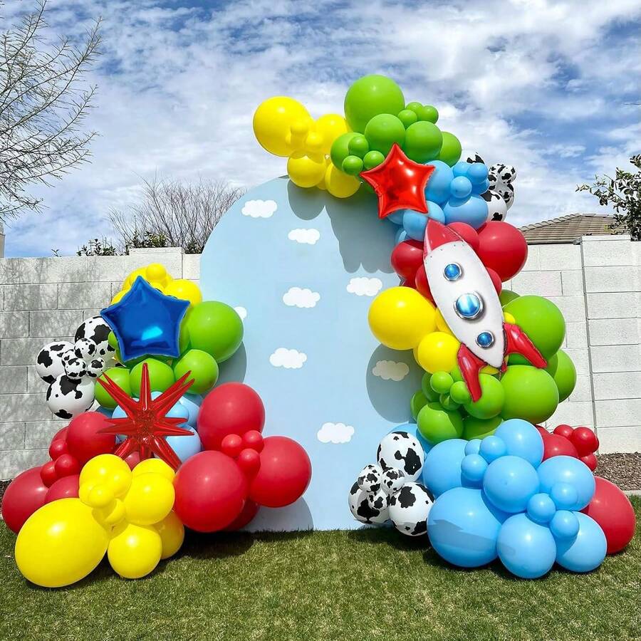 122pcs Rocket Theme Balloon Arch Set, Includes Red, Blue, Yellow, Green Balloons, Cowboy, Star, Rocket And Explosion Star Balloons, Suitable For Birthday Party, Baby Shower, Baptism And Gender Reveal Decoration - View 1