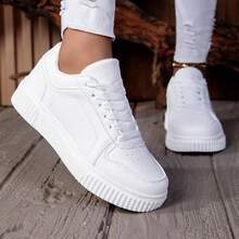 Women's Pure White High-Top Skate Shoes, Thick Sole Height-Increasing Athletic Shoes, Lace-Up Comfortable Non-Slip Casual Sports Shoes, Versatile Daily Campus Street Shoes - All White - View 5