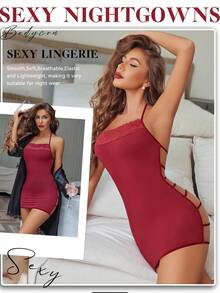 DITZN Women's Sexy Lingerie, Figure-Hugging Lace-Collar Nightgown - Burgundy - View 5