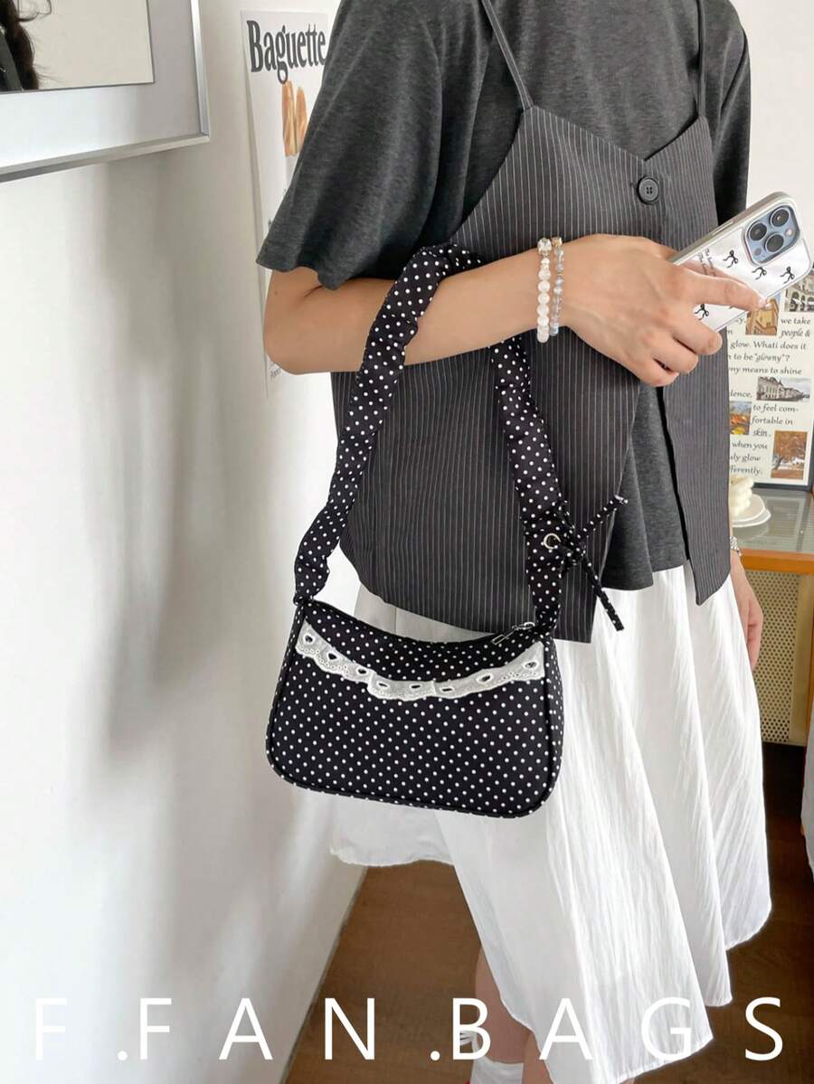 2026新款女式波點單肩包甜美小手提包百褶托特通勤腋下包 - 黑色 - 查看 1