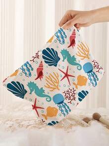 1pc Portable Cosmetic Storage Bag Ocean Series Shell & Starfish Pattern Double-Sided Printed Travel Zipper Makeup Pouch Multi-Function Toiletry Organizer - Multicolor - View 5