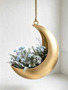 1/2pcs 3D Printed Luxury Metallic Gold Crescent Moon Hanging Planter, Hemp Rope Suspended Air Planter, Suitable For Succulents, Baby's Breath, Hydrangea Artificial Flowers, Bedroom Balcony Wall Star Moon Style Soft Decoration Flower Pot - Crescent Moon - View 2