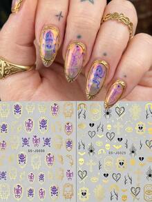 2pcs Gothic Y2K Vintage Nail Art Stickers, Halloween Day Of The Dead Dark Style Skull Spider Web Heart Nail Decoration, Nail Artist Supplies, Suitable For Party, Music Festival, Rock Style Outfit - Multicolor - View 2