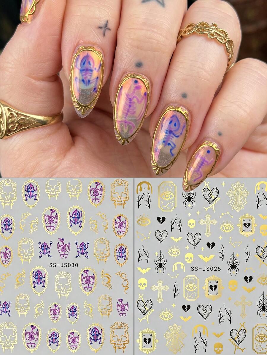 2pcs Gothic Y2K Vintage Nail Art Stickers, Halloween Day Of The Dead Dark Style Skull Spider Web Heart Nail Decoration, Nail Artist Supplies, Suitable For Party, Music Festival, Rock Style Outfit
