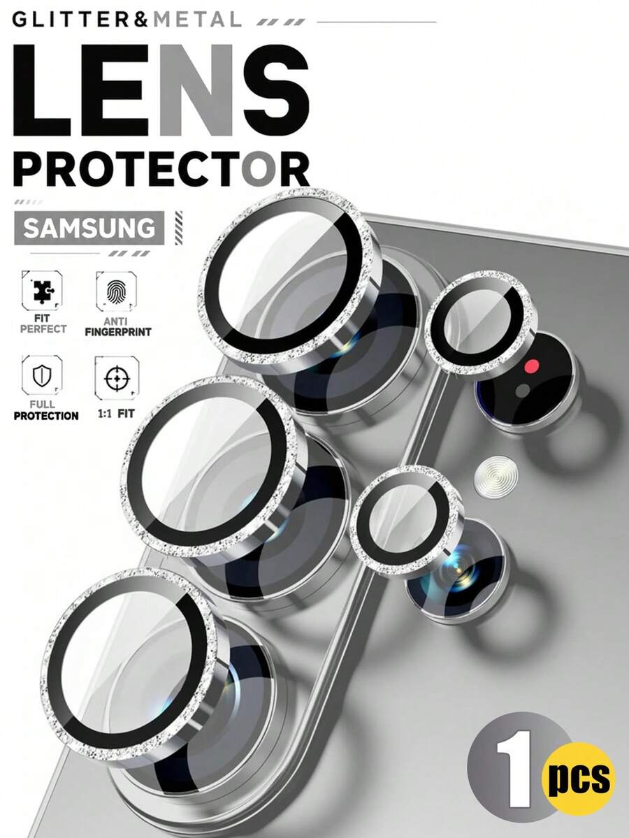 1pc - Compatible With Samsung Galaxy S26 Ultra Camera Lens Protector - Ultra Thin Fits Phone Case, 9H Shatterproof Tempered Glass Scratch-Resistant Metal Ring Camera Screen Protector Accessory, Glitter - Silver - View 1