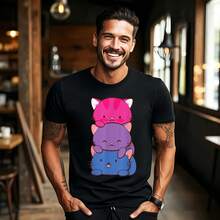 Bisexual Pride Kawaii Kitty Cat Stack Anime T-Shirt - Black - View 1
