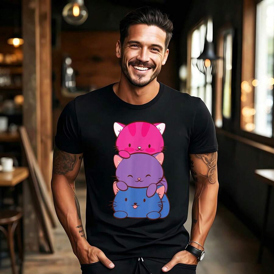 Bisexual Pride Kawaii Kitty Cat Stack Anime T-Shirt - Black - View 1