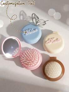 1pc Personalized Name Customized Mini Foldable Integrated Mirror, Scalp Massage Comb, Customized Name Air Cushion Hair Brush, Small Gift, Travel & Daily EssentialChristmas Beauty Accessories,Girly Era - Multicolor - View 1