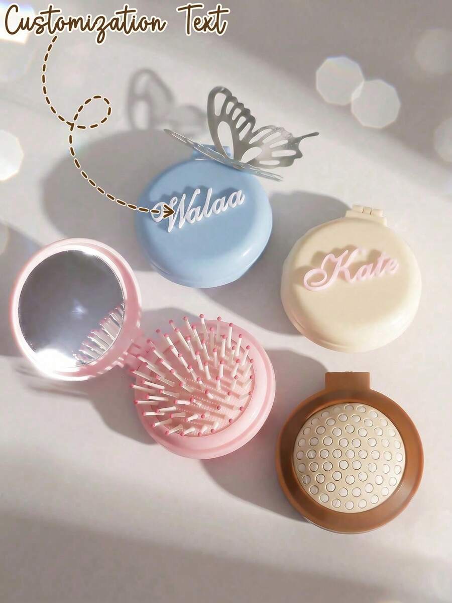 1pc Personalized Name Customized Mini Foldable Integrated Mirror, Scalp Massage Comb, Customized Name Air Cushion Hair Brush, Small Gift, Travel & Daily EssentialChristmas Beauty Accessories,Girly Era - Multicolor - View 1