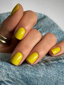 24pcs Rectangular Elegant Yellow Solid Color Nail Stickers, Fashion Lemon Yellow Solid Color Full Coverage Fake Nails, Pointed Shape, Suitable For Women And Girls, Includes 1pc Jelly Glue And 1pc Mini Nail File, Jelly Glue Randomly Shipped - 黃色 - 查看 3