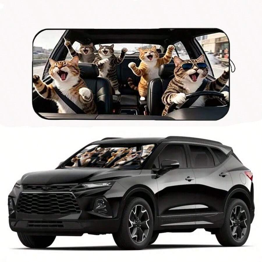 1 buah Pelindung Matahari Mobil Motif Kucing Bahagia, Papan Pelindung Matahari Modis, Terbuat dari Serat Poliester, Cocok untuk Berbagai Model Kaca Depan Mobil, Dengan Fungsi Isolasi Panas dan Perlindungan Privasi, Menjaga Mobil Anda Tetap Sejuk, Dapat Dilipat untuk Penyimpanan Mudah
