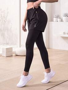 1pc Women's 2-In-1 Long Pants, Sports Outdoor Fitness Running, Workout, Running Training 2-In-1 Shorts Inner Long Pants Black - Black - View 1