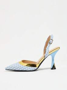 Women's Classic Checkerboard Colorblock Pointed Toe High Heel Shoes With Fashion Back Strap Open Heel, Elegant Women's Sandals, Women's Elegant Kitten Heel Shoes, Summer Dress Outfit Party Evening Shoes, Autumn/Winter Dual-Color High Heels, Autumn Women's Shoes, Blue High Heels, Women's Formal Shoes, Fashion Women's High Heels/Blue Sandals - Light Blue - View 7