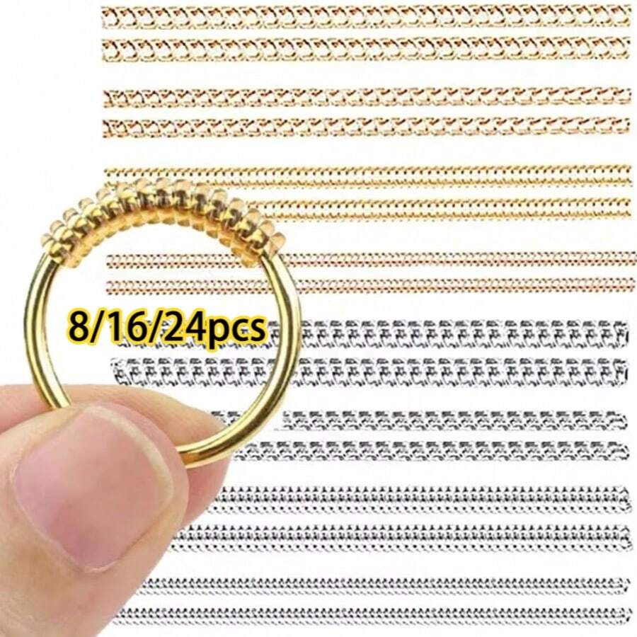 KLONKEE 8/16/24pcs Ring Size Adjuster Spiral Wire Set, 4 Different Sizes Gold And Transparent Ring Adjusters, Suitable For Various Types Of Loose Rings, Cuttable Invisible Coil Spiral Ring Tightener, Unisex - Mix - View 1