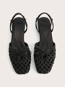 Square Toe Closed Toe Burgundy French Handmade Woven Bow Backless Slip-On Flat Sandals - Black - View 5