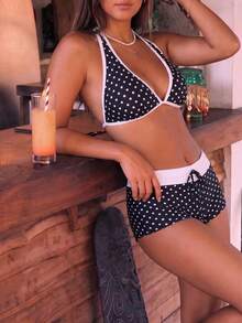 Sommer Mode Damen Polka Dot Neckholder Dreieck Bikini Top mit Hipster Badehose für Strandurlaub Party - Verschiedenfarbig - Übersicht 1