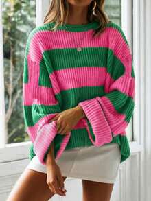 Women's Preppy Ribbed Knit Striped Pullover Sweater, Regular Length, 3/4 Sleeve, Bright Pink And Green Knit Top - Green and Pink - View 2