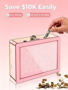 10,000 Savings Challenge Box With Goal And Number Counter, Wooden Money Box, Suitable For Fun Budgeting Challenge, Home And Home Office Use - Multicolor - View 1