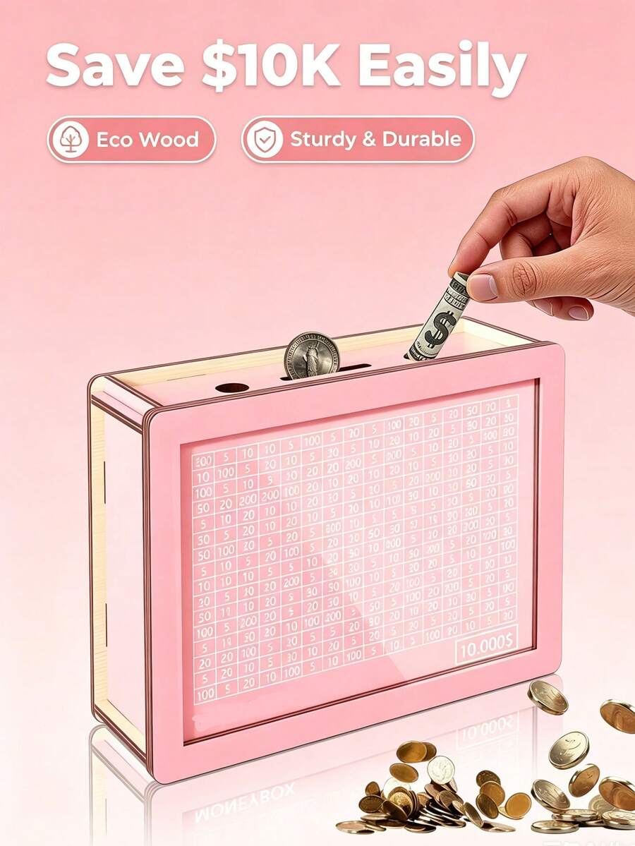 10,000 Savings Challenge Box With Goal And Number Counter, Wooden Money Box, Suitable For Fun Budgeting Challenge, Home And Home Office Use - Multicolor - View 1