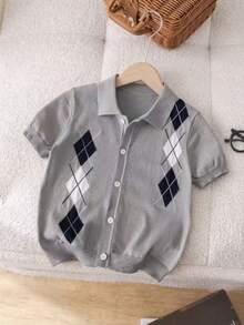 Back To School Boys Casual Colorblock Plaid Lapel Short Sleeve Lightweight Knit Cardigan Sweater For School Daily Wear Summer Autumn - Grey - View 3