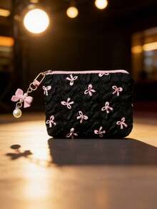 Cute Bow & Heart Pattern Wrist Makeup Bag, Large Capacity Cosmetic Storage Travel Makeup Bag, Elegant Gold Hardware (Black/White/Pink), Perfect Gift - Multicolor - View 9