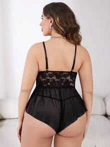 Women Plus Size One Piece Lace Bodysuit Strap Chemise Sheer Mesh Teddy - Black - View 5