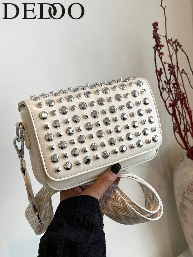 Dedoo Rhinestone Decor Faux Leather Rectangle Crossbody Bag, Wide Printed Adjustable Strap Glam Small Shoulder Purse Dating Party Daily Shopping - White - View 1
