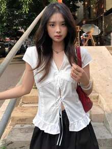 Yorily 夏季小众设计感衬衫，简约修身款，法式白色蕾丝荷叶边系带短袖女式衬衫 - 白色 - 查看 1