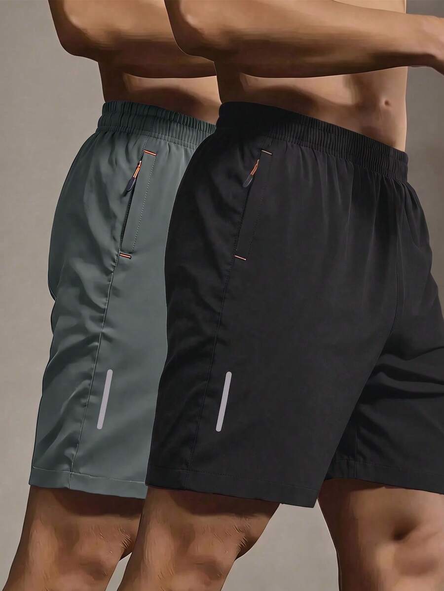 2 piezas Pantalones cortos deportivos casuales de hombre de alto rendimiento, sueltos y de secado rápido, con rayas reflectantes, bolsillos, cordón en la cintura, suaves y ligeros para hacer ejercicio - Multicolor - Ver 1