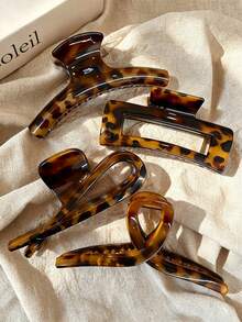 4pcs/1pc Women's 10.6cm/4.17in Brown Leopard Print Straight Square Lightweight Plastic Hair Claw Clip, Fashion Versatile Premium Elegant Minimalist Solid Color Hair Accessory For Daily Wear, Casual, Party, Commute, Beach, Vacation, Ponytail, Updo, Face Washing, Bathing, Makeup, Outfit Matching, Hair Clip - Multicolor - View 9