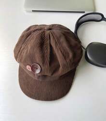 Women's Vintage Soft Corduroy Newsboy Cap Baggy Baker Boy Hat With Wooden Buckle Accent Casual Newsboy Cap Easy To Match Perfect Gift For Women! - 雙紐扣八角帽-棕色 - 查看 2
