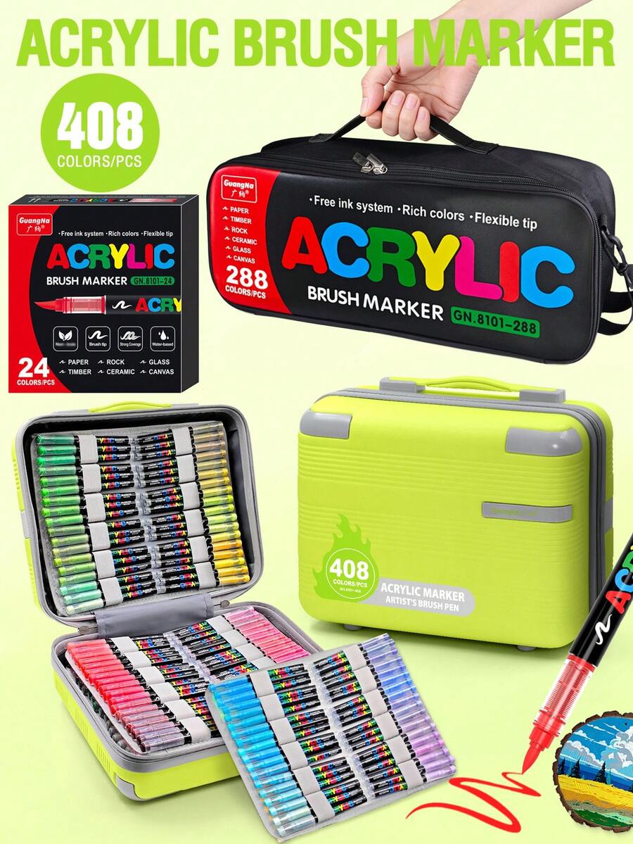 GuangNa Classic 24 Colors - 408 Colors Acrylic Paint Markers, Straight Liquid Soft Tip Markers, Multiple Mixing Color Sets, First Day Of School