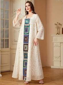Geometric Sequin Patchwork Kaftan, Full Body Gold Embroidery Loose Elegant Muslim Long Dress White Fall - White - View 3