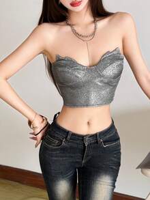 女款亮面抹胸短版上衣，華麗無袖露背針織中彈力上衣，適合夜生活穿搭 - 銀色 - 查看 8