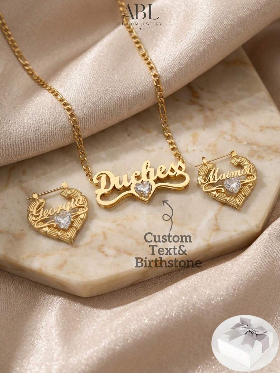 Conjunto de joyas de piedras preciosas personalizadas para cumpleaños - Collar personalizado con nombre y pendientes de aro con piedra de cumpleaños, collar de diamantes, pendientes de aro con nombre, joyas de piedras preciosas de cumpleaños, regalo para mujeres y adolescentes, joyas de lujo chapadas en oro