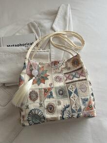 2026新款女式新中式刺繡肩背包 百搭斜挎水桶包 - 米色 - 查看 8