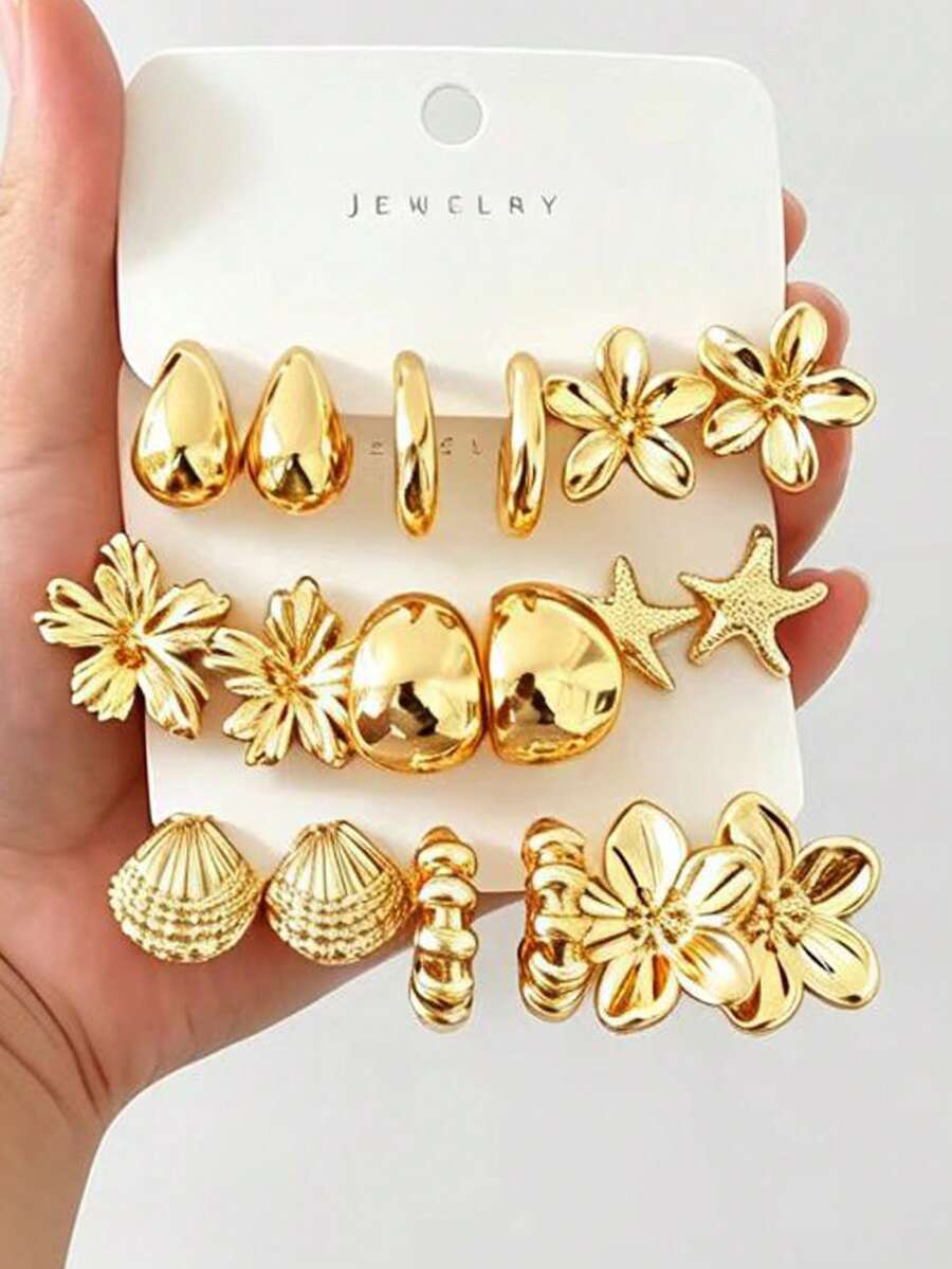 3/9 Pairs Gold Metal Earrings Set, Beach Vacation Style Starfish Shell Flower Water Drop C-Hoop Stud Earrings - Gold - View 1
