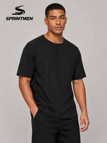 1pc Relaxed Fit Black Waffle Knit Henley Collar Button Casual Men's POLO Shirt, Polyester Material, Lightweight And Breathable Polo Shirt, Sporty Casual Style, Machine Washable, Suitable For Summer Daily Wear, Business Commute, Running, Exercise, Outdoor Top - Black - View 5