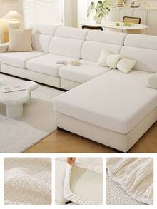 1pc Solid Color Elastic Jacquard Sofa Cushion Cover, L-Shaped Sectional Sofa Cover, Independent Sofa Back Cushion Cover, Dirt-Resistant & Non-Slip & Easy To Wash, Suitable For Living Room Decor, Furniture Protection Cover, Multiple Size Options - Pearl White - View 10